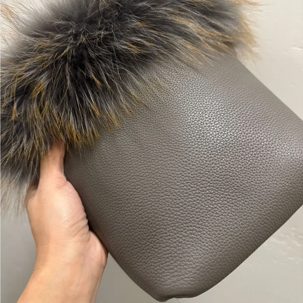 Premium Togo Cowhide with Real Fox Fur Trimmed Handmade Tote Bag/Crossbody